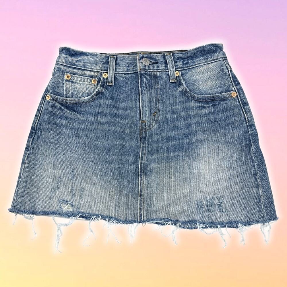 LEVI'S Distressed Cut-Off Denim Mini Skirt Sz 25 Blue Yellow Wash